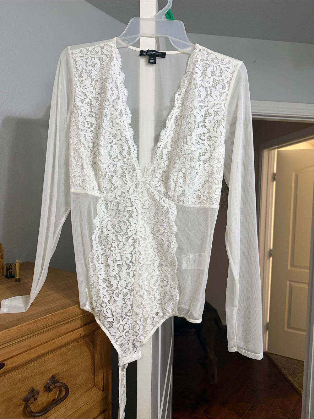 INC International Concepts White Lace Wrap Bodysuit with Sheer Long Sleeves